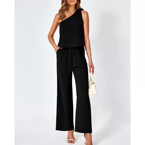 imageBTFBM Womens Summer Jumpsuits 2023 One Shoulder Tie Strap Solid Loose Long Pant Romper One Piece Casual Outfit PocketsSolid Black