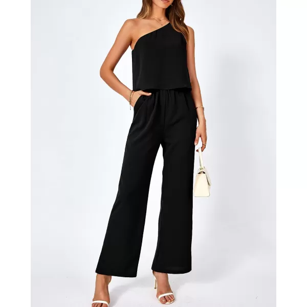 imageBTFBM Womens Summer Jumpsuits 2023 One Shoulder Tie Strap Solid Loose Long Pant Romper One Piece Casual Outfit PocketsSolid Black