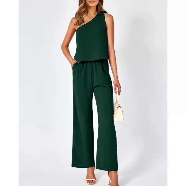 imageBTFBM Womens Summer Jumpsuits 2023 One Shoulder Tie Strap Solid Loose Long Pant Romper One Piece Casual Outfit PocketsSolid Dark Green