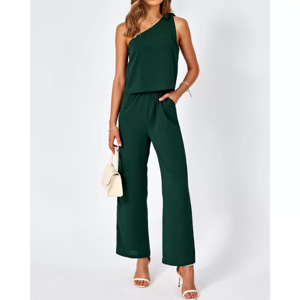imageBTFBM Womens Summer Jumpsuits 2023 One Shoulder Tie Strap Solid Loose Long Pant Romper One Piece Casual Outfit PocketsSolid Dark Green