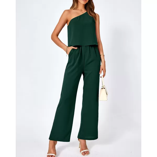 imageBTFBM Womens Summer Jumpsuits 2023 One Shoulder Tie Strap Solid Loose Long Pant Romper One Piece Casual Outfit PocketsSolid Dark Green