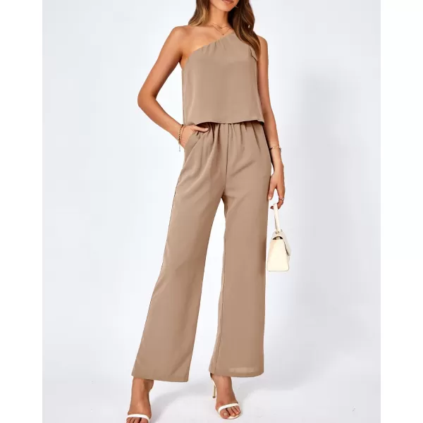 imageBTFBM Womens Summer Jumpsuits 2023 One Shoulder Tie Strap Solid Loose Long Pant Romper One Piece Casual Outfit PocketsSolid Khaki
