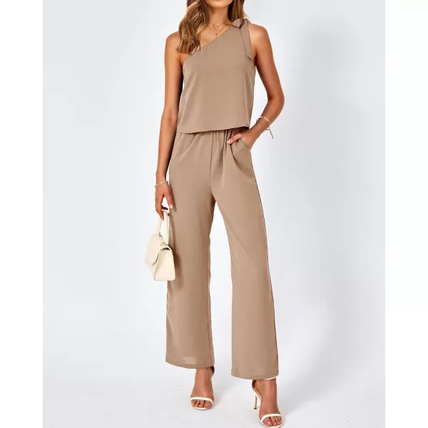 imageBTFBM Womens Summer Jumpsuits 2023 One Shoulder Tie Strap Solid Loose Long Pant Romper One Piece Casual Outfit PocketsSolid Khaki