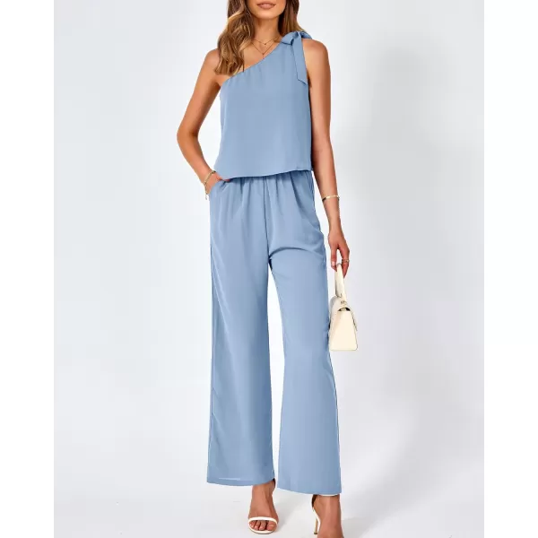 imageBTFBM Womens Summer Jumpsuits 2023 One Shoulder Tie Strap Solid Loose Long Pant Romper One Piece Casual Outfit PocketsSolid Light Blue