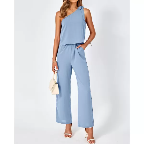imageBTFBM Womens Summer Jumpsuits 2023 One Shoulder Tie Strap Solid Loose Long Pant Romper One Piece Casual Outfit PocketsSolid Light Blue