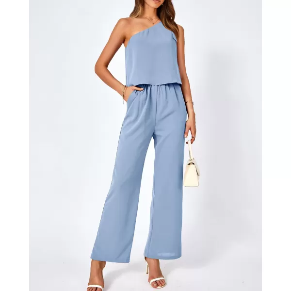 imageBTFBM Womens Summer Jumpsuits 2023 One Shoulder Tie Strap Solid Loose Long Pant Romper One Piece Casual Outfit PocketsSolid Light Blue