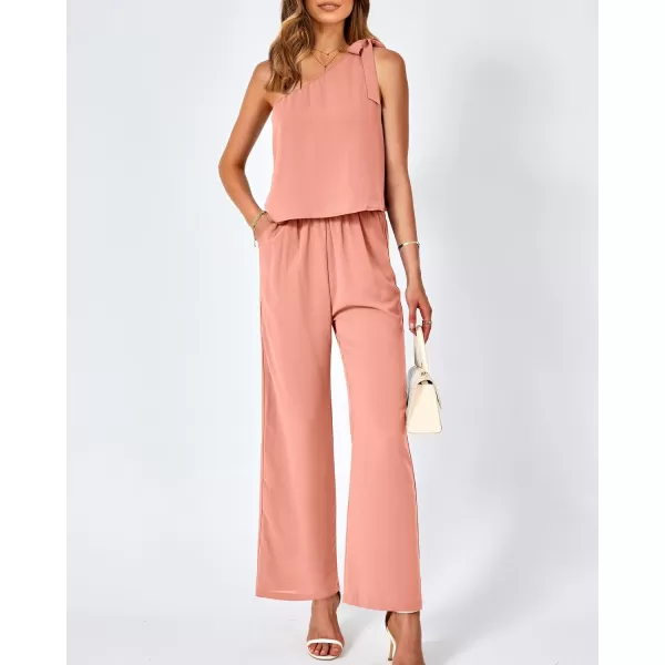 imageBTFBM Womens Summer Jumpsuits 2023 One Shoulder Tie Strap Solid Loose Long Pant Romper One Piece Casual Outfit PocketsSolid Light Orange