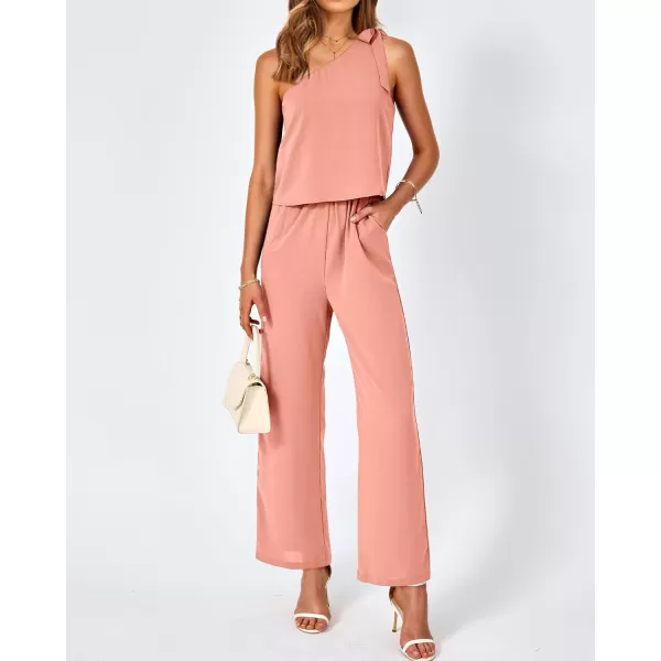 imageBTFBM Womens Summer Jumpsuits 2023 One Shoulder Tie Strap Solid Loose Long Pant Romper One Piece Casual Outfit PocketsSolid Light Orange