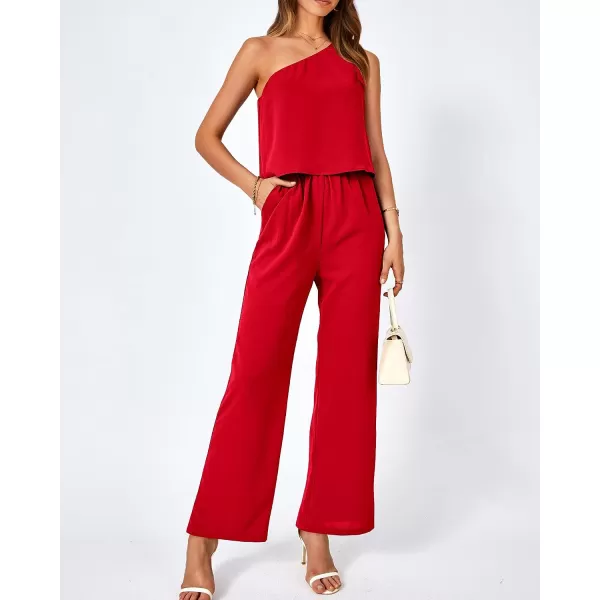 imageBTFBM Womens Summer Jumpsuits 2023 One Shoulder Tie Strap Solid Loose Long Pant Romper One Piece Casual Outfit PocketsSolid Red