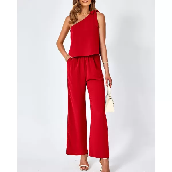 imageBTFBM Womens Summer Jumpsuits 2023 One Shoulder Tie Strap Solid Loose Long Pant Romper One Piece Casual Outfit PocketsSolid Red