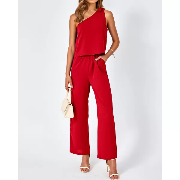 imageBTFBM Womens Summer Jumpsuits 2023 One Shoulder Tie Strap Solid Loose Long Pant Romper One Piece Casual Outfit PocketsSolid Red