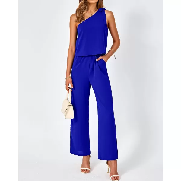 imageBTFBM Womens Summer Jumpsuits 2023 One Shoulder Tie Strap Solid Loose Long Pant Romper One Piece Casual Outfit PocketsSolid Royal Blue