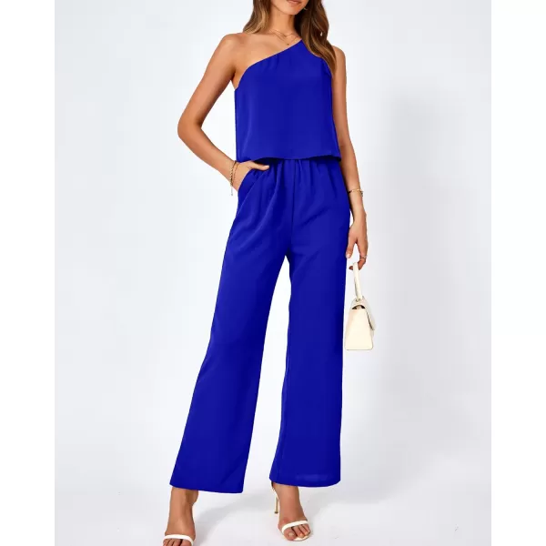 imageBTFBM Womens Summer Jumpsuits 2023 One Shoulder Tie Strap Solid Loose Long Pant Romper One Piece Casual Outfit PocketsSolid Royal Blue