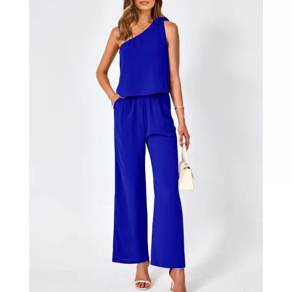 imageBTFBM Womens Summer Jumpsuits 2023 One Shoulder Tie Strap Solid Loose Long Pant Romper One Piece Casual Outfit PocketsSolid Royal Blue