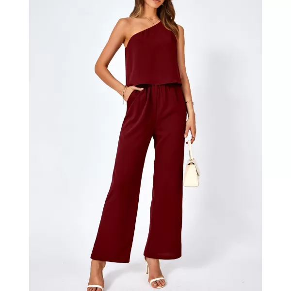 imageBTFBM Womens Summer Jumpsuits 2023 One Shoulder Tie Strap Solid Loose Long Pant Romper One Piece Casual Outfit PocketsSolid Wine Red