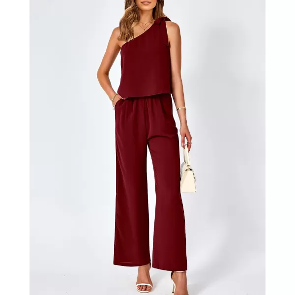 imageBTFBM Womens Summer Jumpsuits 2023 One Shoulder Tie Strap Solid Loose Long Pant Romper One Piece Casual Outfit PocketsSolid Wine Red