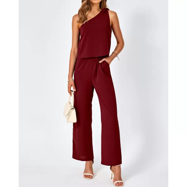 imageBTFBM Womens Summer Jumpsuits 2023 One Shoulder Tie Strap Solid Loose Long Pant Romper One Piece Casual Outfit PocketsSolid Wine Red