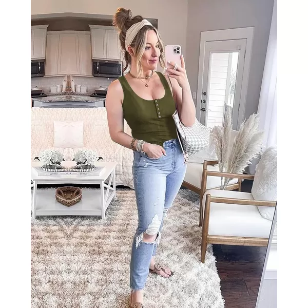 imageBTFBM Womens Summer Ribbed Tank Tops Crew Neck Button Down Slim Fit Basic Sleeveless Tunic Blouse Casual Henley ShirtsSleeveless Army Green
