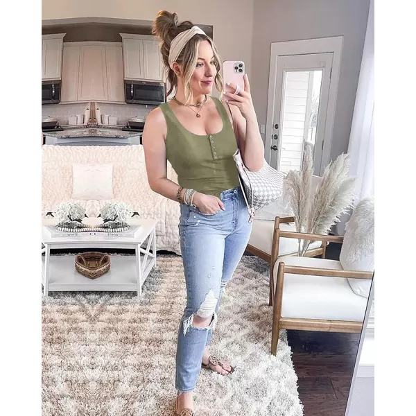 imageBTFBM Womens Summer Ribbed Tank Tops Crew Neck Button Down Slim Fit Basic Sleeveless Tunic Blouse Casual Henley ShirtsSleeveless Bean Green