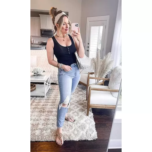 imageBTFBM Womens Summer Ribbed Tank Tops Crew Neck Button Down Slim Fit Basic Sleeveless Tunic Blouse Casual Henley ShirtsSleeveless Black