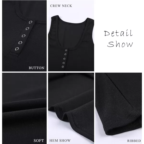 imageBTFBM Womens Summer Ribbed Tank Tops Crew Neck Button Down Slim Fit Basic Sleeveless Tunic Blouse Casual Henley ShirtsSleeveless Black