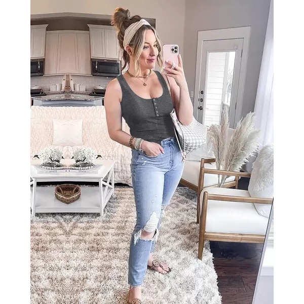 imageBTFBM Womens Summer Ribbed Tank Tops Crew Neck Button Down Slim Fit Basic Sleeveless Tunic Blouse Casual Henley ShirtsSleeveless Dark Grey