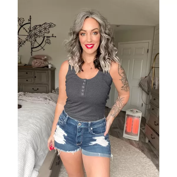 imageBTFBM Womens Summer Ribbed Tank Tops Crew Neck Button Down Slim Fit Basic Sleeveless Tunic Blouse Casual Henley ShirtsSleeveless Dark Grey