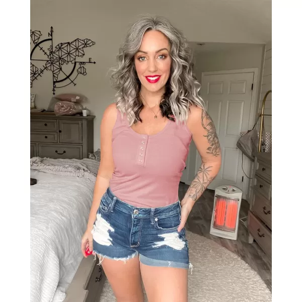 imageBTFBM Womens Summer Ribbed Tank Tops Crew Neck Button Down Slim Fit Basic Sleeveless Tunic Blouse Casual Henley ShirtsSleeveless Grey Pink