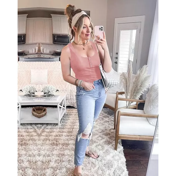 imageBTFBM Womens Summer Ribbed Tank Tops Crew Neck Button Down Slim Fit Basic Sleeveless Tunic Blouse Casual Henley ShirtsSleeveless Grey Pink