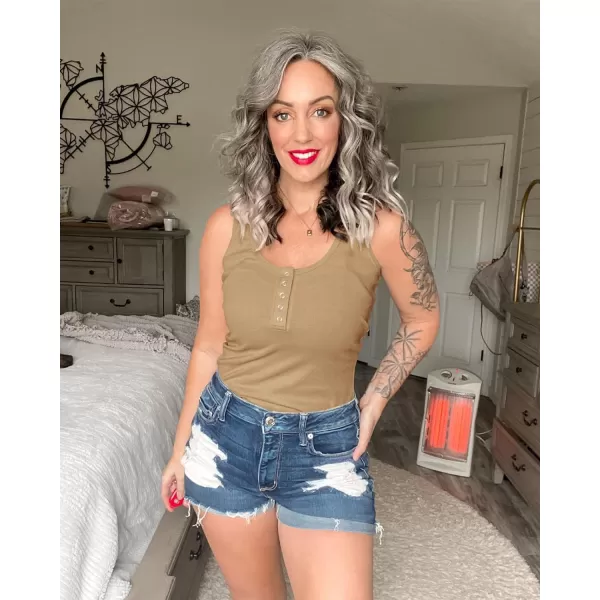 imageBTFBM Womens Summer Ribbed Tank Tops Crew Neck Button Down Slim Fit Basic Sleeveless Tunic Blouse Casual Henley ShirtsSleeveless Light Khaki