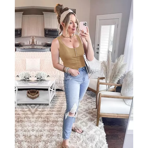 imageBTFBM Womens Summer Ribbed Tank Tops Crew Neck Button Down Slim Fit Basic Sleeveless Tunic Blouse Casual Henley ShirtsSleeveless Light Khaki