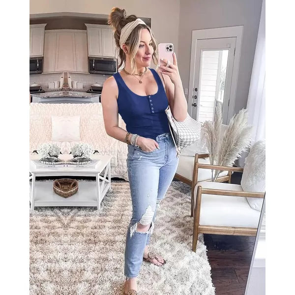 imageBTFBM Womens Summer Ribbed Tank Tops Crew Neck Button Down Slim Fit Basic Sleeveless Tunic Blouse Casual Henley ShirtsSleeveless Navy