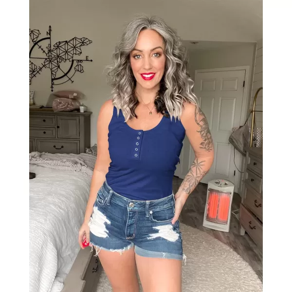 imageBTFBM Womens Summer Ribbed Tank Tops Crew Neck Button Down Slim Fit Basic Sleeveless Tunic Blouse Casual Henley ShirtsSleeveless Navy