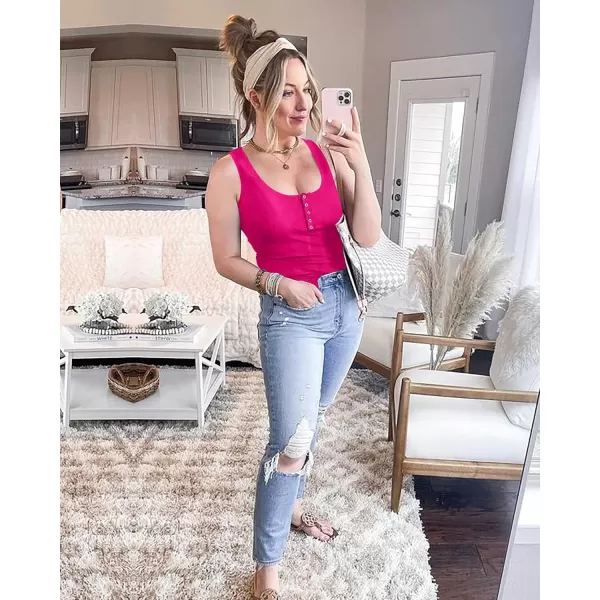 imageBTFBM Womens Summer Ribbed Tank Tops Crew Neck Button Down Slim Fit Basic Sleeveless Tunic Blouse Casual Henley ShirtsSleeveless Rose Red