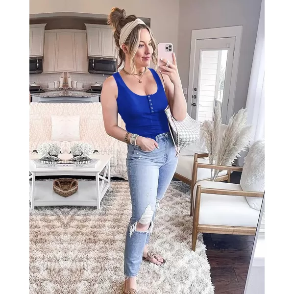 imageBTFBM Womens Summer Ribbed Tank Tops Crew Neck Button Down Slim Fit Basic Sleeveless Tunic Blouse Casual Henley ShirtsSleeveless Royal Blue