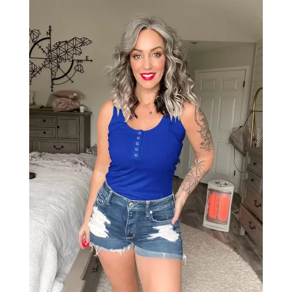 imageBTFBM Womens Summer Ribbed Tank Tops Crew Neck Button Down Slim Fit Basic Sleeveless Tunic Blouse Casual Henley ShirtsSleeveless Royal Blue