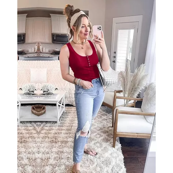 imageBTFBM Womens Summer Ribbed Tank Tops Crew Neck Button Down Slim Fit Basic Sleeveless Tunic Blouse Casual Henley ShirtsSleeveless Wine Red