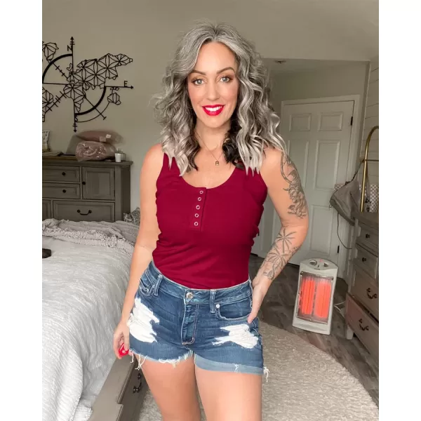 imageBTFBM Womens Summer Ribbed Tank Tops Crew Neck Button Down Slim Fit Basic Sleeveless Tunic Blouse Casual Henley ShirtsSleeveless Wine Red