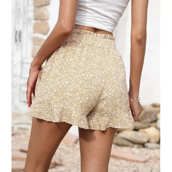 imageBTFBM Womens Summer Shorts 2023 Floral Elastic High Waisted Belted Casual Beach Ruffle Short Lounge Pants with PocketsFloral Apricot