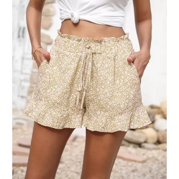 imageBTFBM Womens Summer Shorts 2023 Floral Elastic High Waisted Belted Casual Beach Ruffle Short Lounge Pants with PocketsFloral Apricot