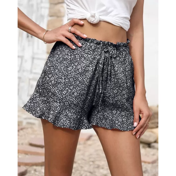 imageBTFBM Womens Summer Shorts 2023 Floral Elastic High Waisted Belted Casual Beach Ruffle Short Lounge Pants with PocketsFloral Black