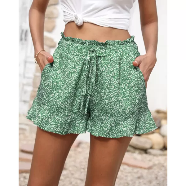 imageBTFBM Womens Summer Shorts 2023 Floral Elastic High Waisted Belted Casual Beach Ruffle Short Lounge Pants with PocketsFloral Green