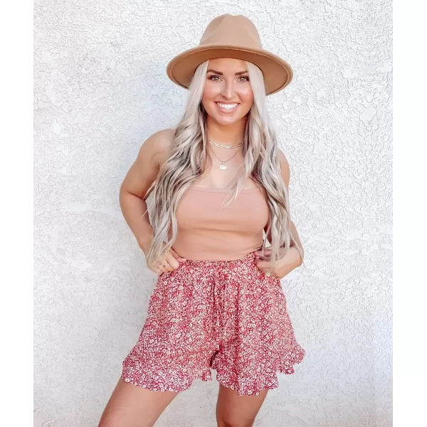 imageBTFBM Womens Summer Shorts 2023 Floral Elastic High Waisted Belted Casual Beach Ruffle Short Lounge Pants with PocketsFloral Orange Red