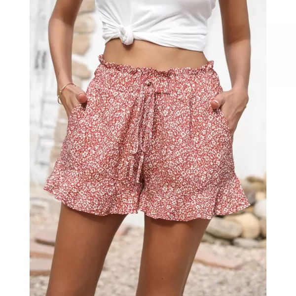 imageBTFBM Womens Summer Shorts 2023 Floral Elastic High Waisted Belted Casual Beach Ruffle Short Lounge Pants with PocketsFloral Orange Red