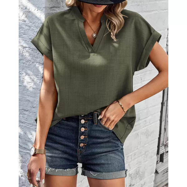 imageBTFBM Womens Summer Tops 2024 V Neck Short Sleeve Tshirt Loose Flowy Tunics Solid Color Dressy Casual Blouse ShirtsSolid Army Green