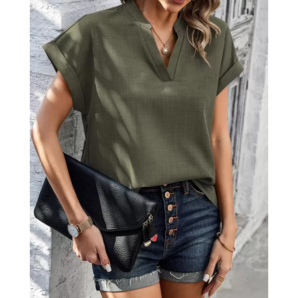 imageBTFBM Womens Summer Tops 2024 V Neck Short Sleeve Tshirt Loose Flowy Tunics Solid Color Dressy Casual Blouse ShirtsSolid Army Green