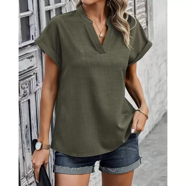 imageBTFBM Womens Summer Tops 2024 V Neck Short Sleeve Tshirt Loose Flowy Tunics Solid Color Dressy Casual Blouse ShirtsSolid Army Green