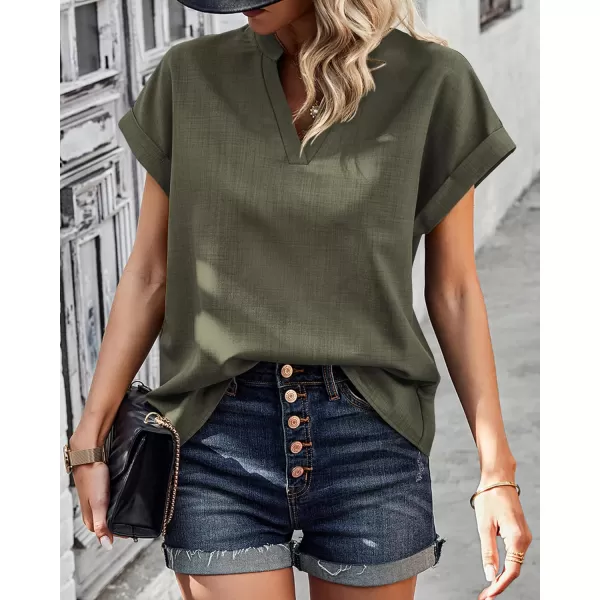 imageBTFBM Womens Summer Tops 2024 V Neck Short Sleeve Tshirt Loose Flowy Tunics Solid Color Dressy Casual Blouse ShirtsSolid Army Green