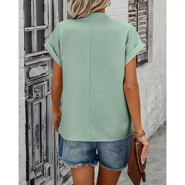 imageBTFBM Womens Summer Tops 2024 V Neck Short Sleeve Tshirt Loose Flowy Tunics Solid Color Dressy Casual Blouse ShirtsSolid Bean Green