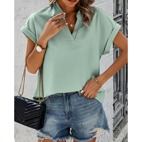imageBTFBM Womens Summer Tops 2024 V Neck Short Sleeve Tshirt Loose Flowy Tunics Solid Color Dressy Casual Blouse ShirtsSolid Bean Green